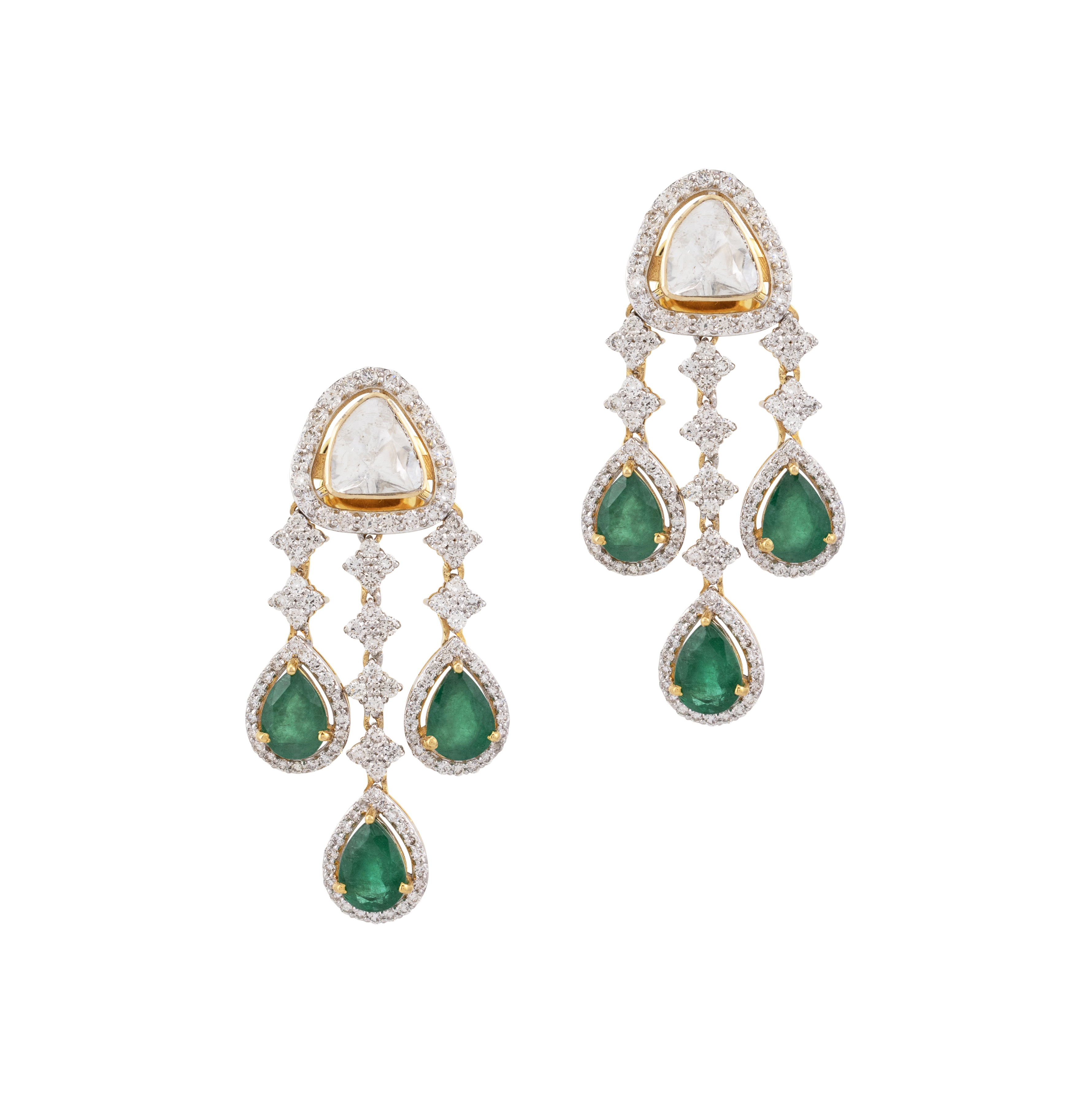 Polki and Zambian Emerald Drop Earrings with Diamond Accents